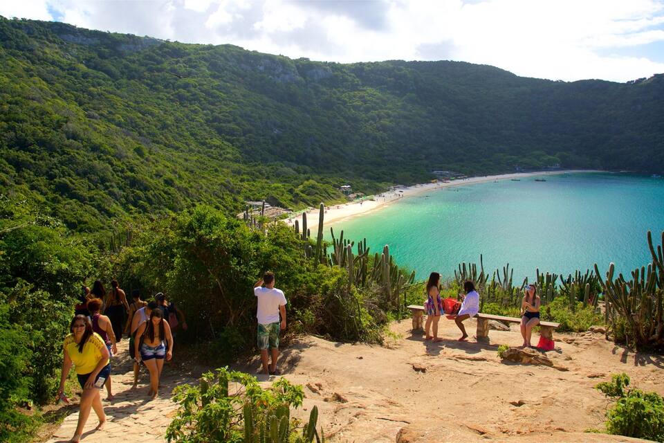 Un paisaje costero con una playa arenosa, aguas turquesas y colinas verdes exuberantes.