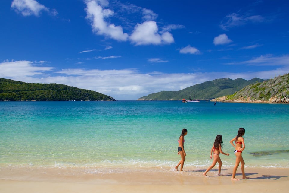 A beach with clear turquoise water, a sandy shore, and green hills in the background.