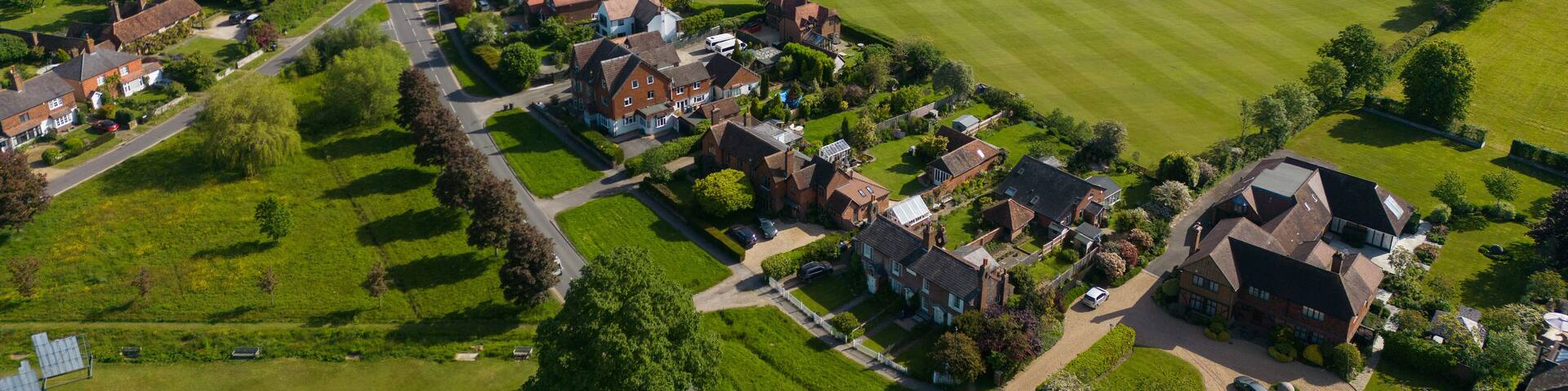 Aerial view of Cranleigh, Surrey, UK on a sunny May morning