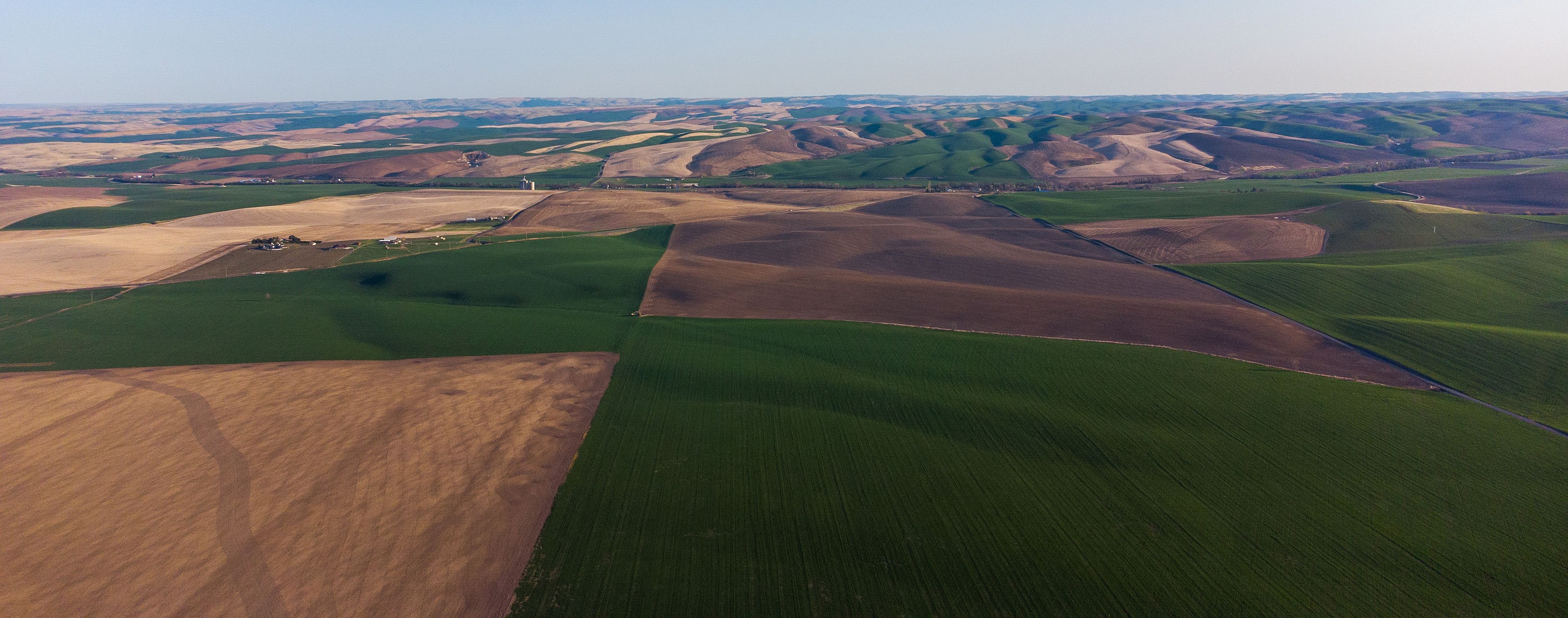 A vast agricultural landscape with rolling hills and fields of varying crops.