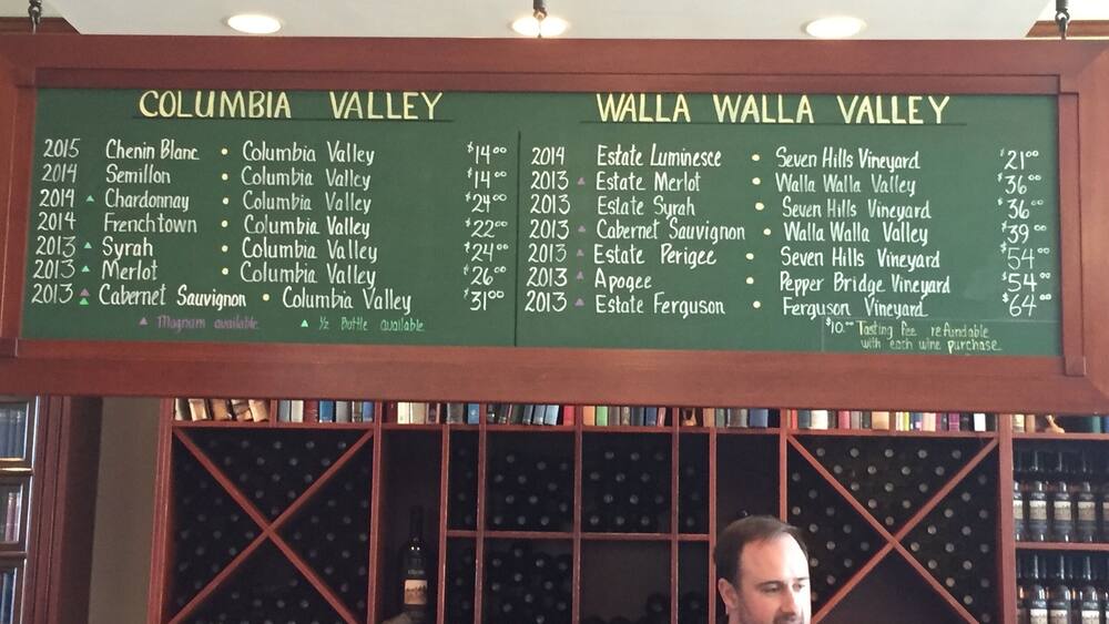 A wine menu with selections from Columbia Valley and Walla Walla Valley.