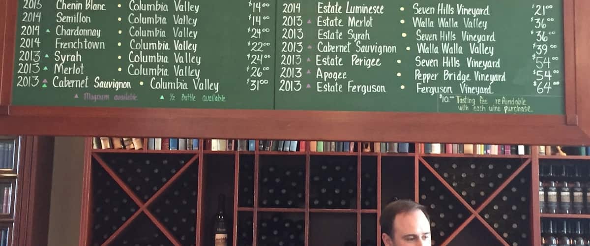 A wine menu with selections from Columbia Valley and Walla Walla Valley.