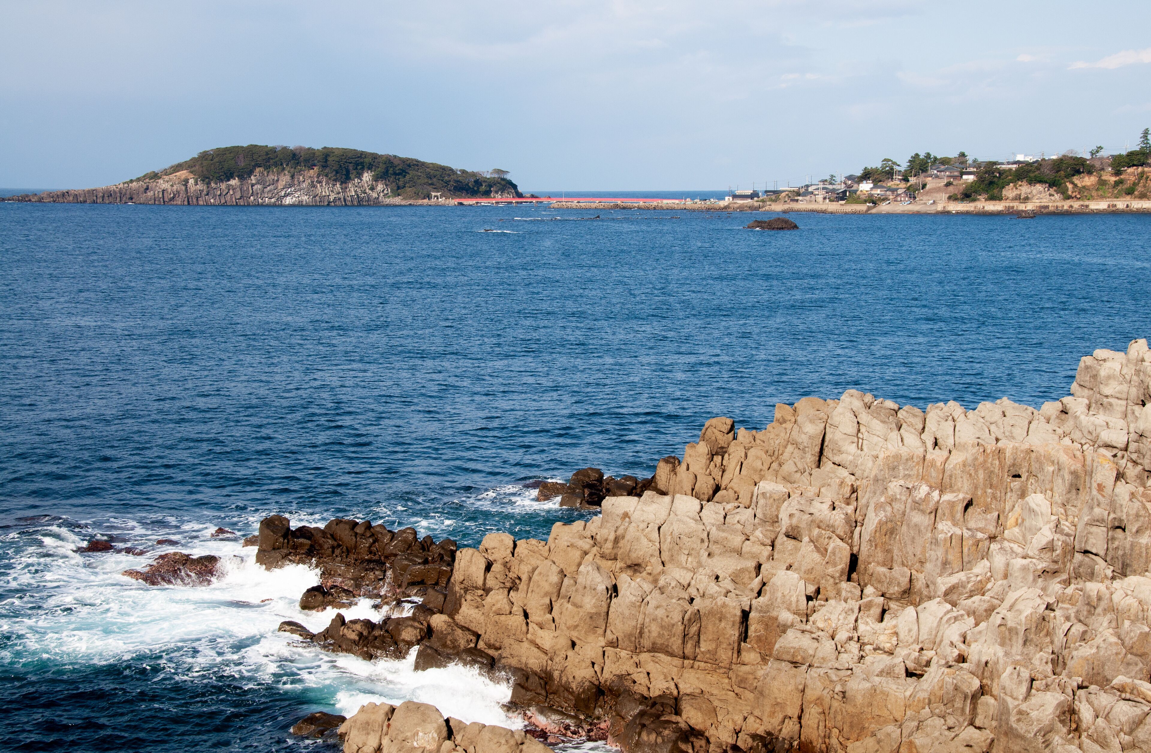 Tojinbo cliffs with blue sky on sunny day. Fukui, Japan