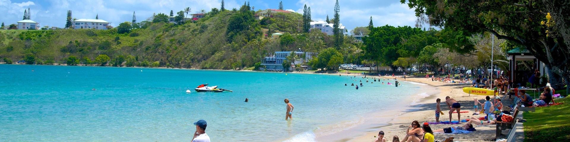 Baie des Citrons featuring a bay or harbour and a sandy beach as well as a large group of people