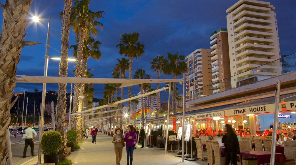 Puerto de Málaga ofreciendo una ciudad y escenas nocturnas