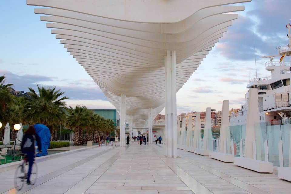 A waterfront promenade with a modern white canopy structure, palm trees, and a cruise ship docked on the right.