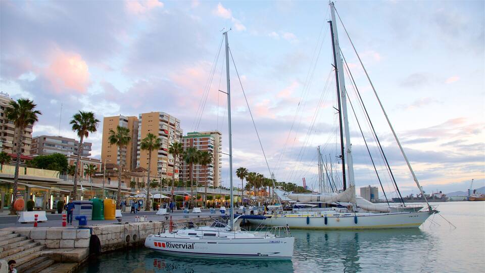 Un port esportiu amb embarcacions amarrades, palmeres i un paisatge urbà amb edificis alts al fons.
