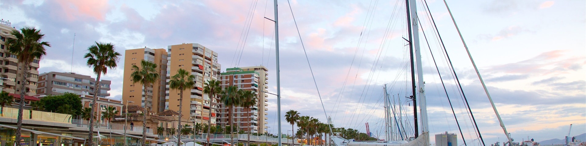 Porto de Málaga mostrando canoagem, uma marina e paisagens litorâneas
