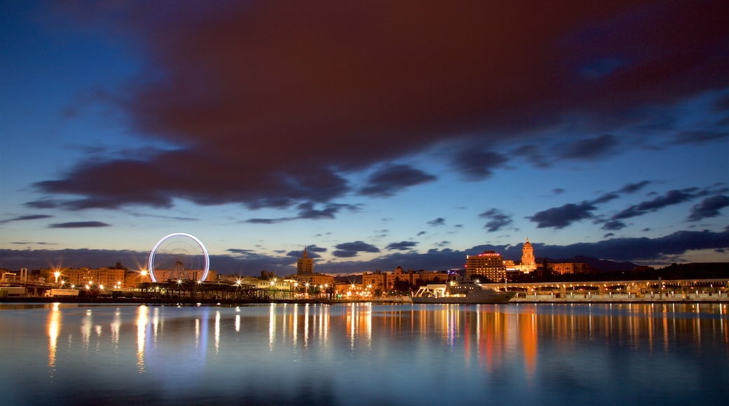 Port of Malaga showing night scenes, a city and general coastal views