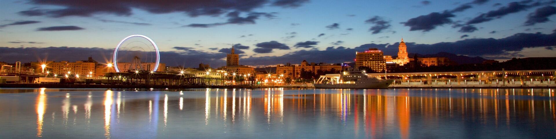 Port of Malaga showing night scenes, a city and general coastal views