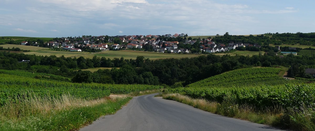 A rural road curving through green fields with a village in the distance.