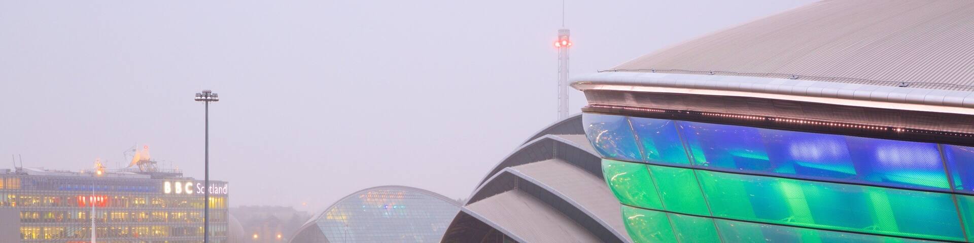 The SSE Hydro showing street scenes and mist or fog