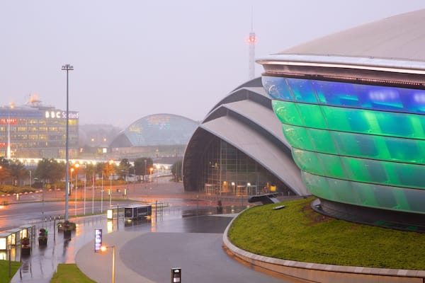 The SSE Hydro showing street scenes and mist or fog