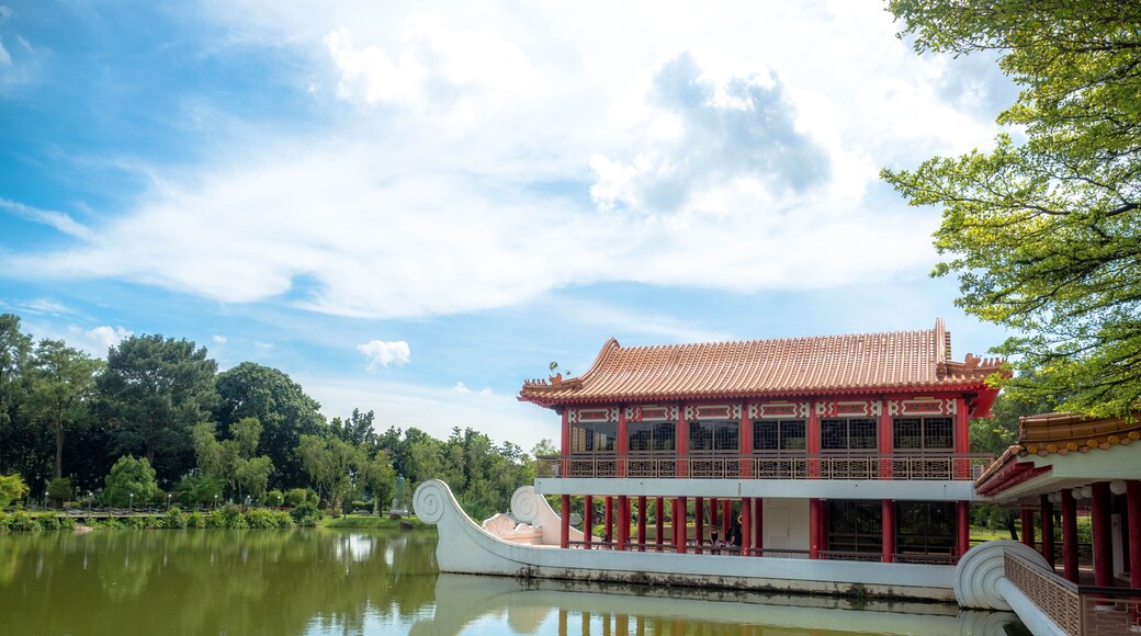 Singapore Nov 26, 2018: Traditional Chinese pavilions on the lake at The Chinese Gardens (Lake, bridge, and Twin Pagoda), Singapore.