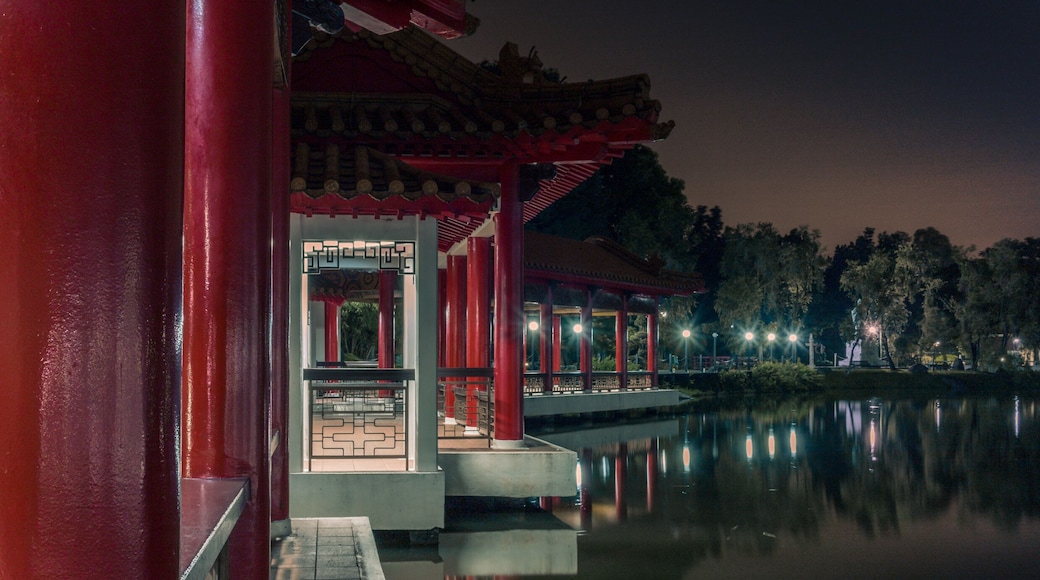 Chinese temples reflecting in the lake in the Chinese garden in Singapore - 2