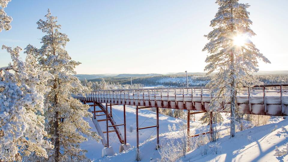A snow-covered bridge in a winter landscape with trees and distant hills.