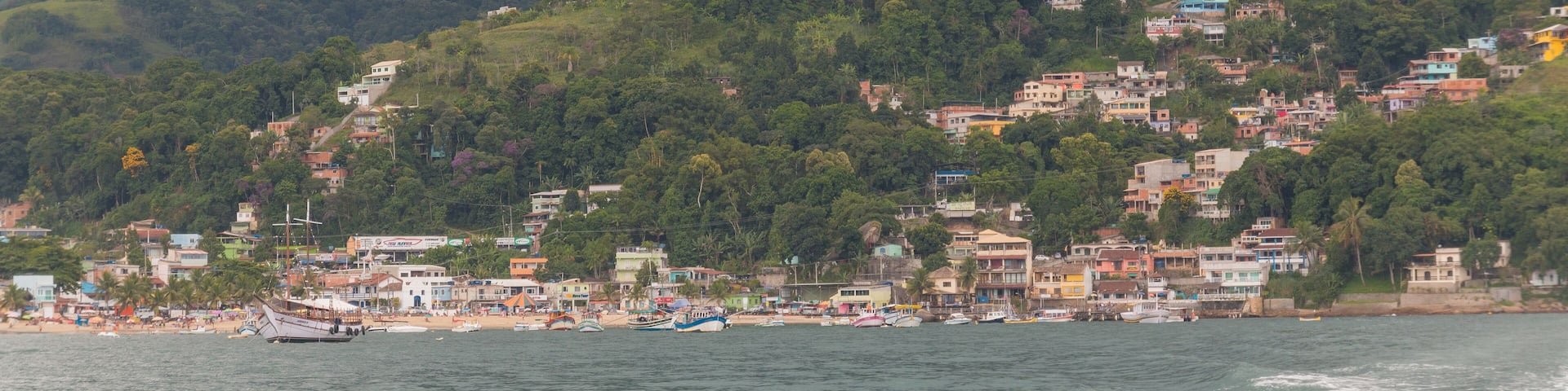 Conceicao de Jacarei city in the hills from the boat, Brazil, South America
