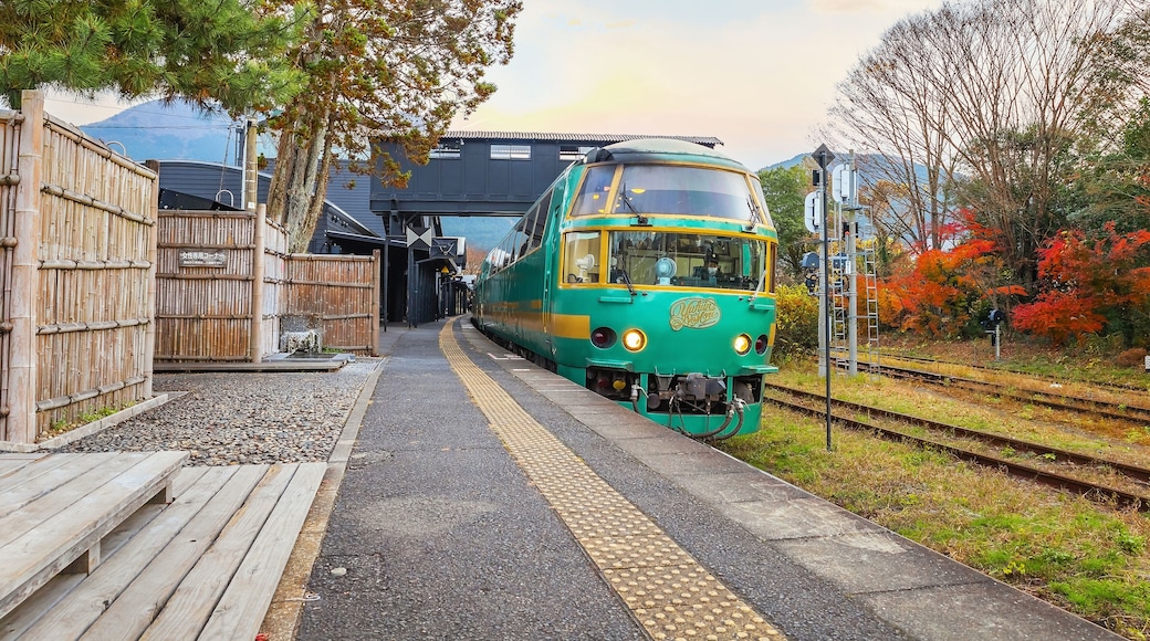 Yufuin, Japan - Nov 27 2022: Yufuin no Mori is a limited express train that runs from Hakata via Yufuin. It has 8 stops with Yufuin Station as its highlight being a famous onsen (hot springs).