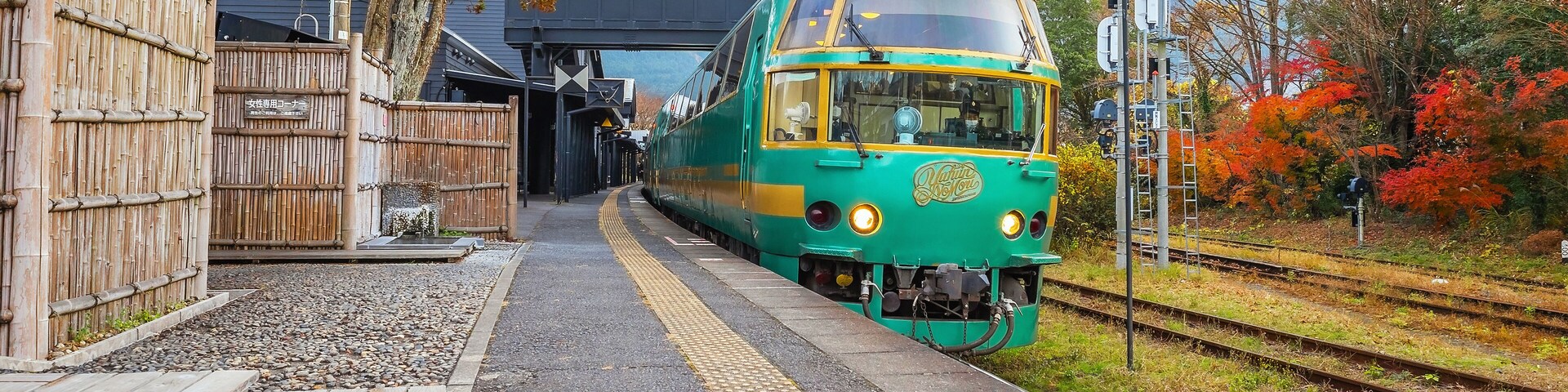 Un tren verde en una estación con una valla de bambú y árboles otoñales.