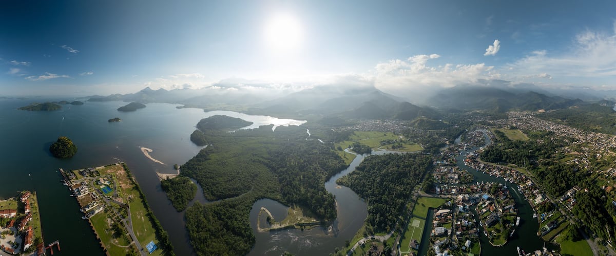 Aerial panorama of the coastline in Brazil. Area near the town of Angra dos Reis and marina of Bracuhy