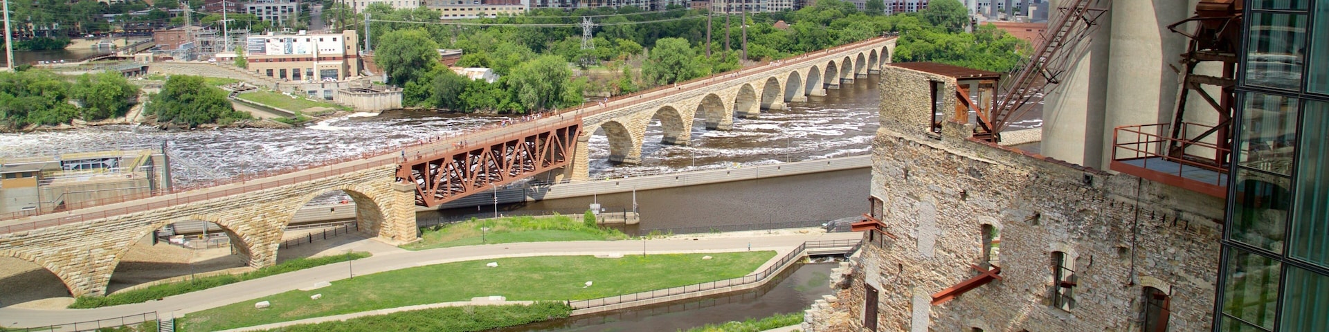 A stone bridge over a river, surrounded by greenery and urban buildings.