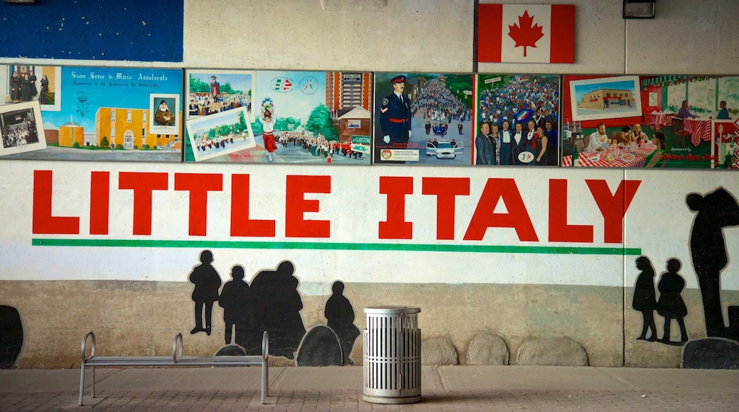 Little Italy som viser en by, skiltning og udendørs kunst