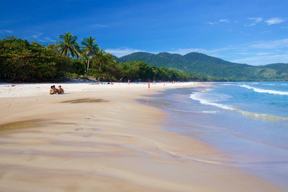 Una playa con agua azul cristalina, orilla arenosa, palmeras y una montaña al fondo.
