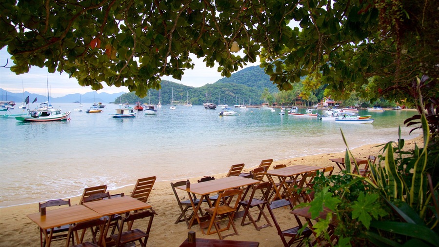 Praia do Abraão que inclui uma praia, paisagens litorâneas e uma baía ou porto
