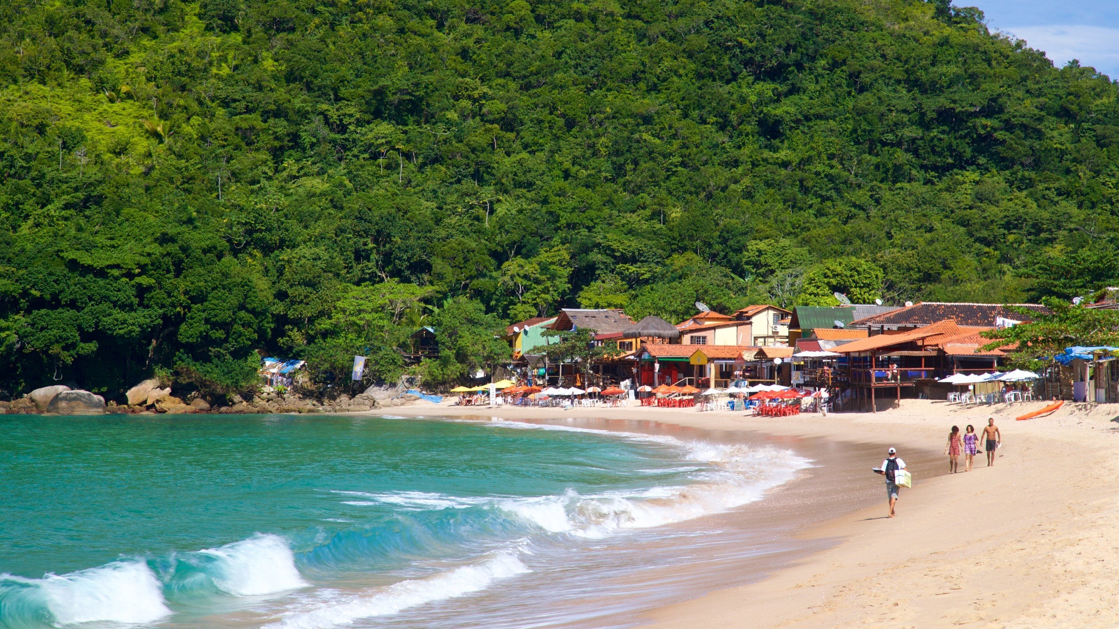 A beach with turquoise water, a sandy shore, and a forested hillside.