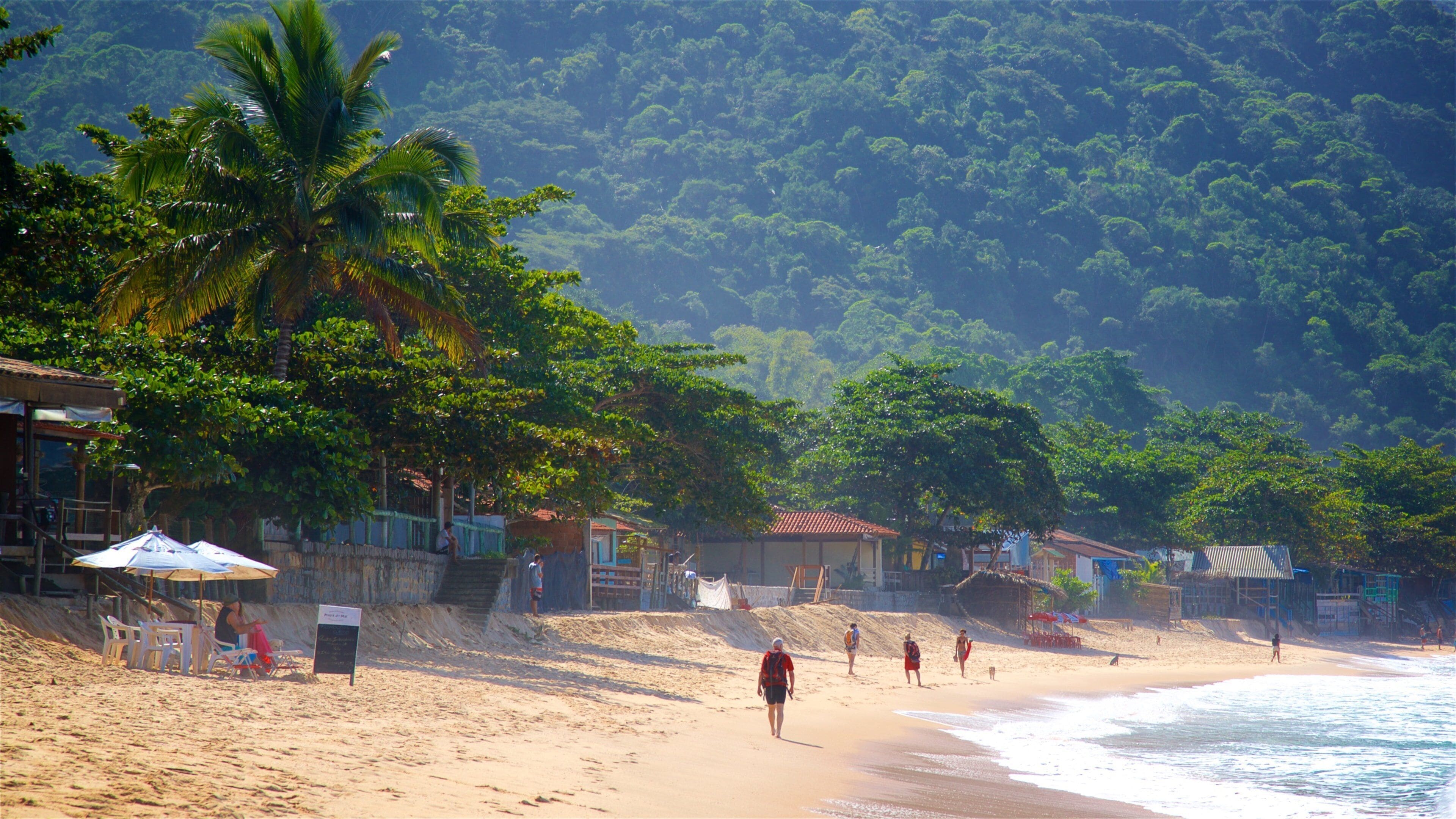 A beach with palm trees, beach umbrellas, and people walking along the shore.