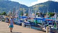 A dock with several boats, a person walking, and a mountainous landscape in the background.