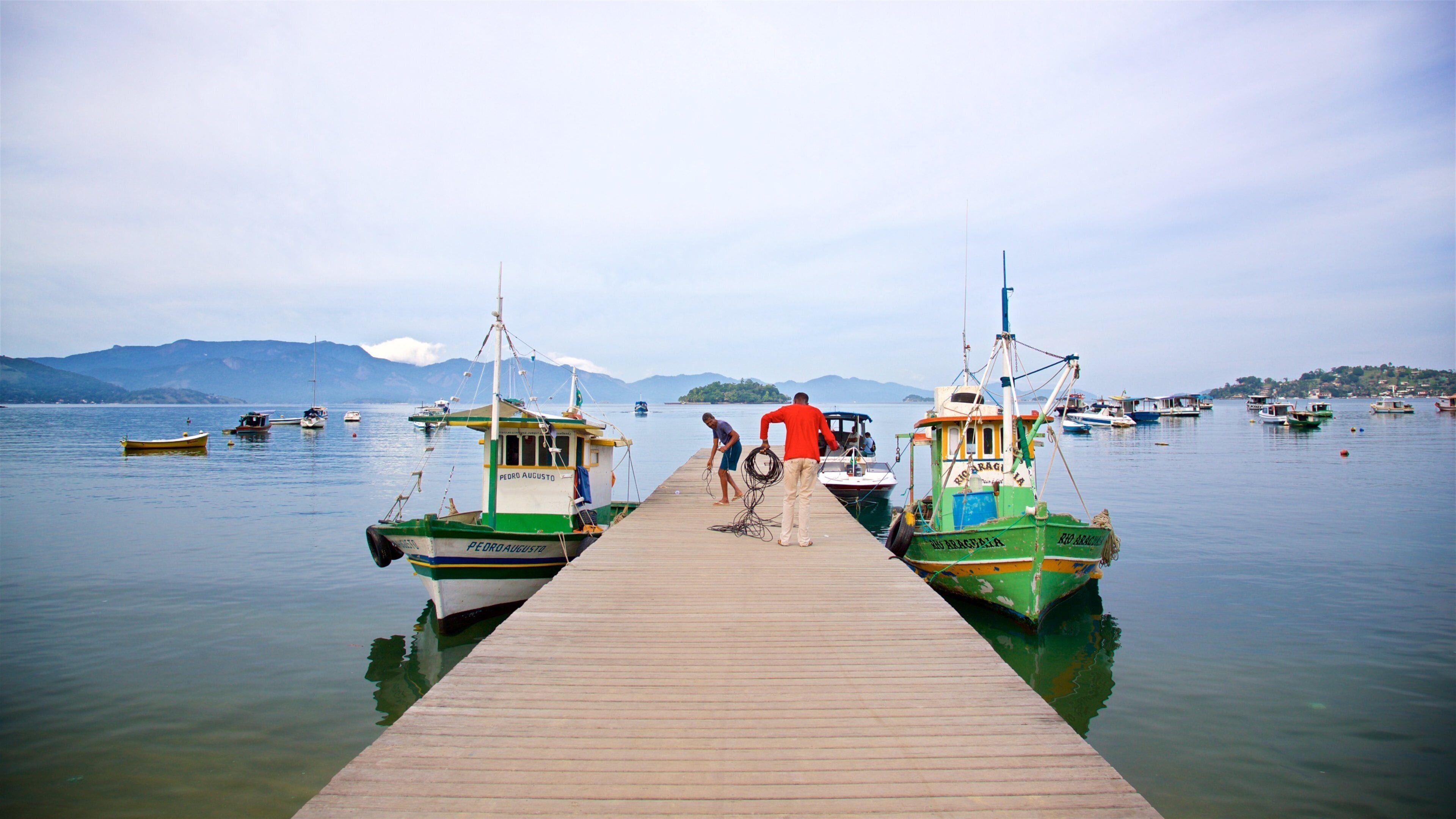 Praia do Camorim mostrando uma baía ou porto assim como um pequeno grupo de pessoas