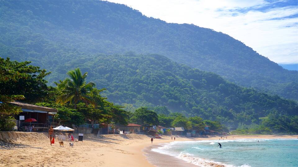 A beach with a mountain in the background, palm trees, and a few people walking along the shore.