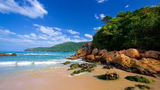 Meio Beach which includes general coastal views, rugged coastline and a beach