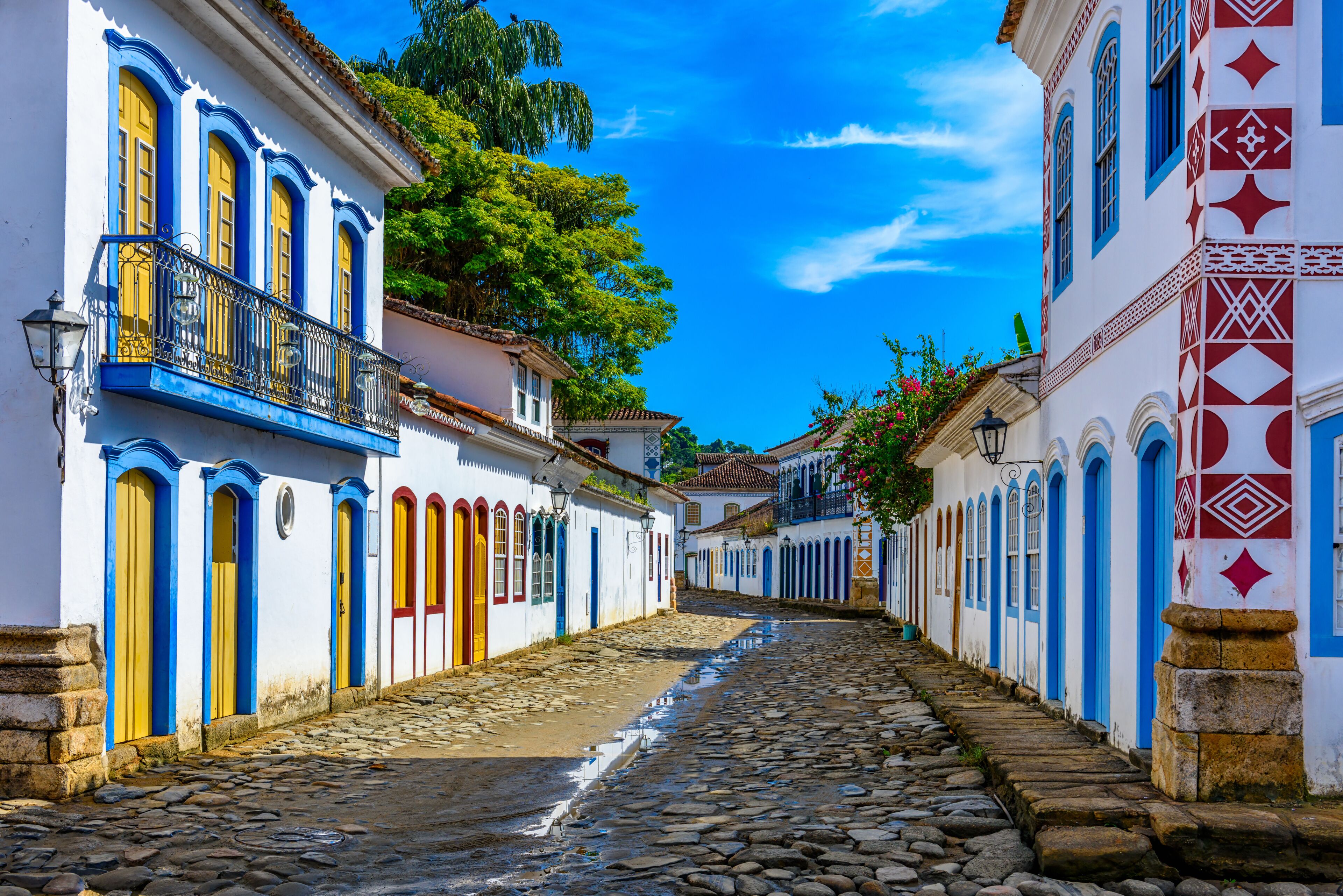 Una calle adoquinada bordeada de edificios coloridos, un cielo azul despejado y árboles de hoja verde exuberante.