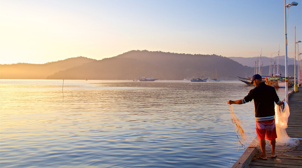 Paraty Wharf showing fishing, a sunset and a bay or harbor