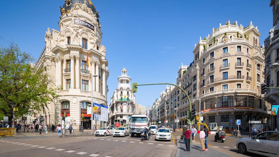 Gran Via Street which includes heritage architecture and a city