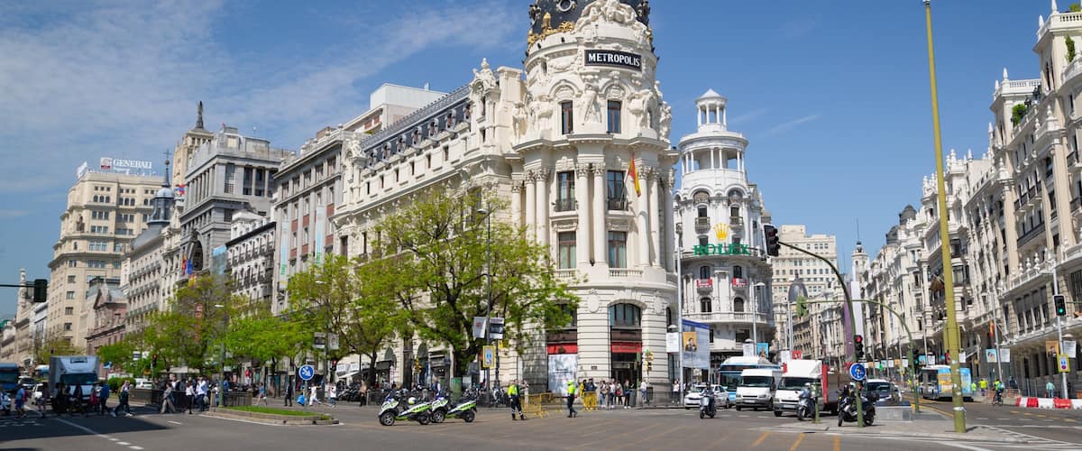 Gran Via Street featuring heritage architecture and a city