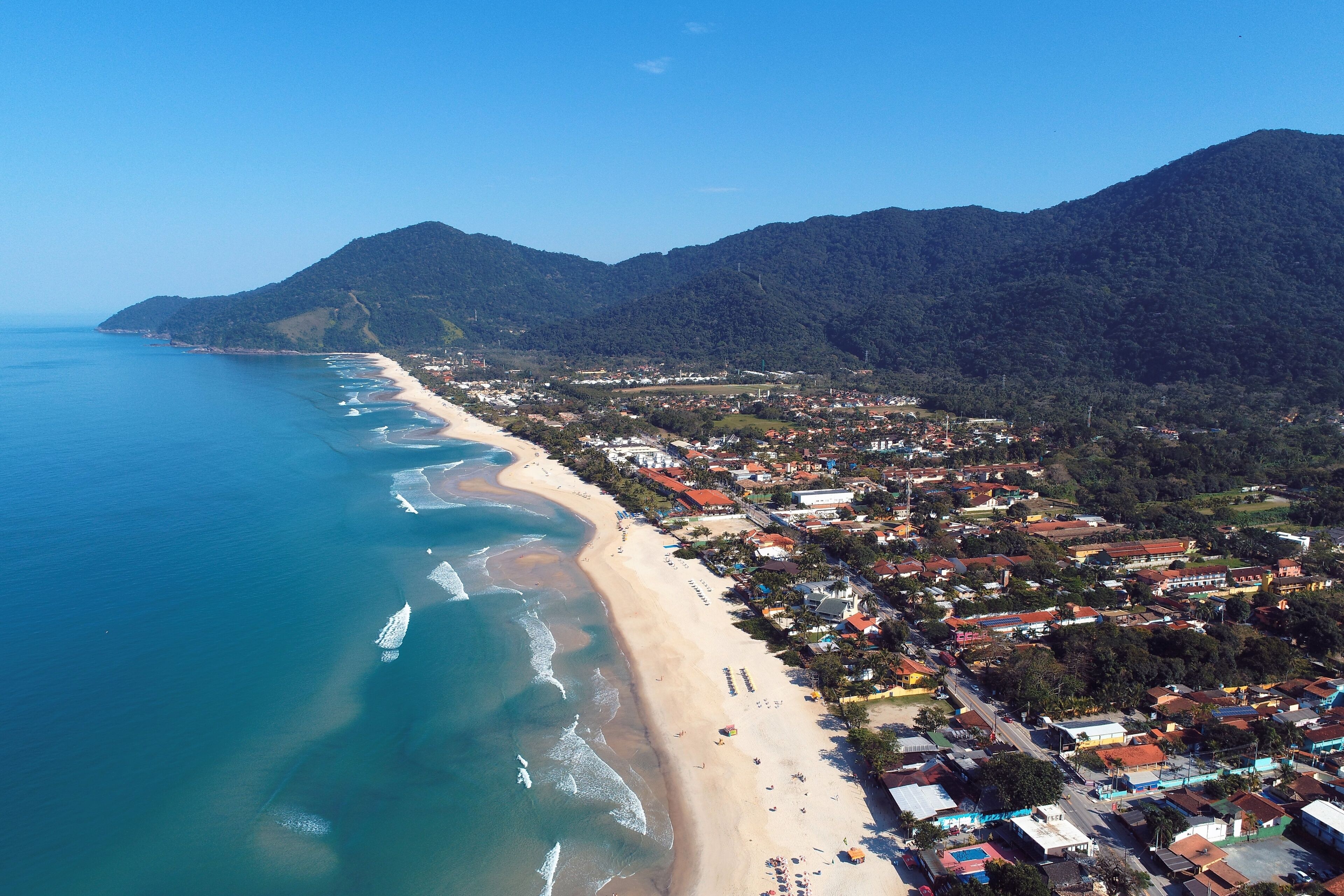 Aerial view of Maresias and Pauba Beaches, Sao Sebastiao, North Coast of Sao Paulo, Brazil. Vacation Travel. Travel destination. Tropical scenery. Great landscape