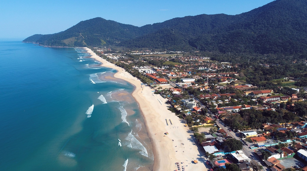 Aerial view of Maresias and Pauba Beaches, Sao Sebastiao, North Coast of Sao Paulo, Brazil. Vacation Travel. Travel destination. Tropical scenery. Great landscape