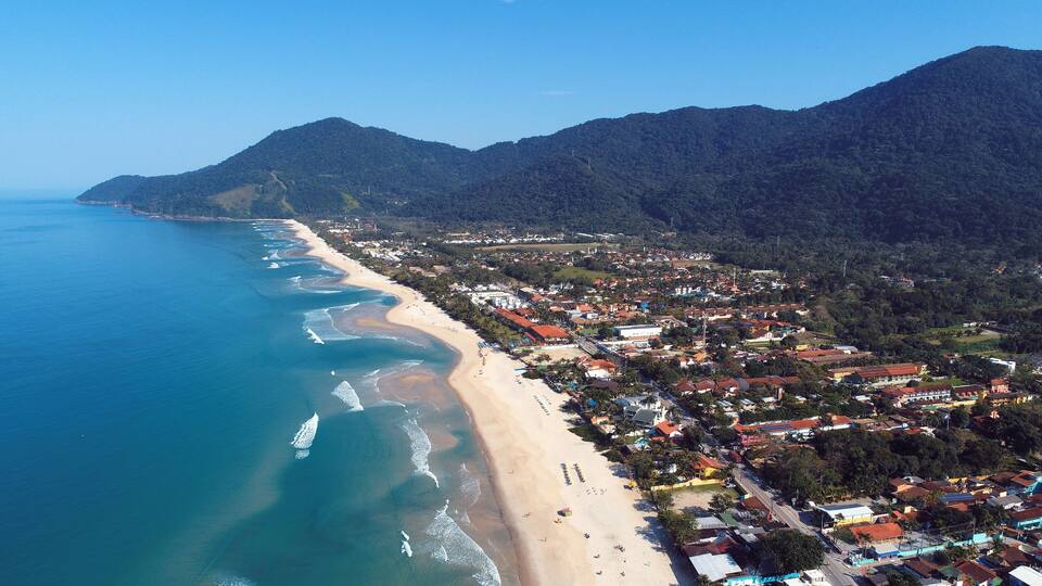 Aerial view of Maresias and Pauba Beaches, Sao Sebastiao, North Coast of Sao Paulo, Brazil. Vacation Travel. Travel destination. Tropical scenery. Great landscape