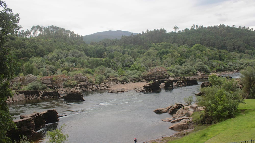 A river flowing through a forested valley with a person standing near the water's edge.