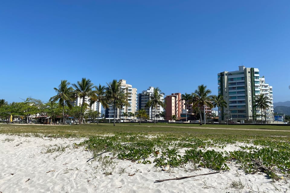 A beach with sand, palm trees, and buildings in the background.