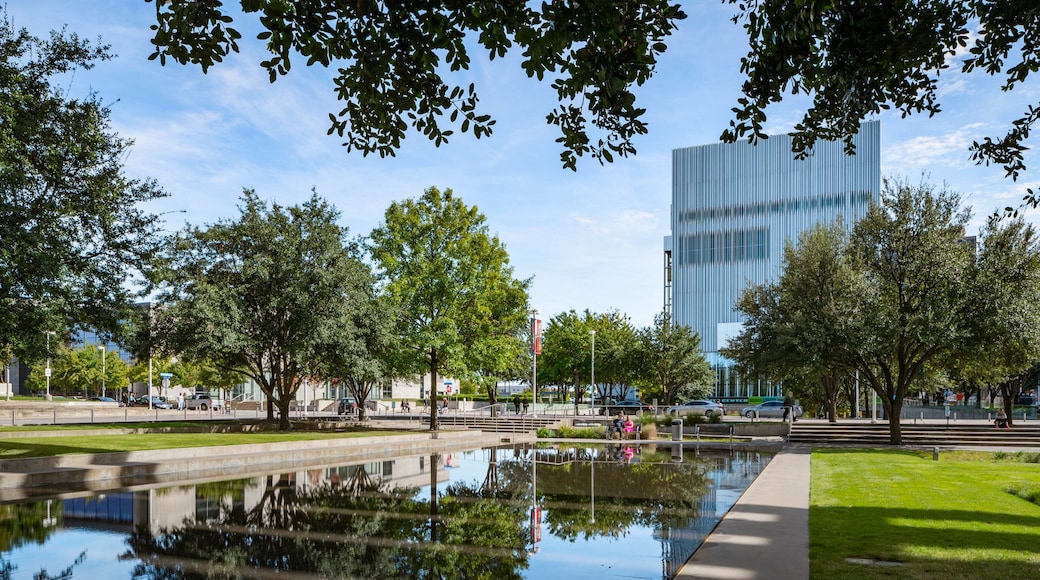 Dallas Arts District showing a pond and a park