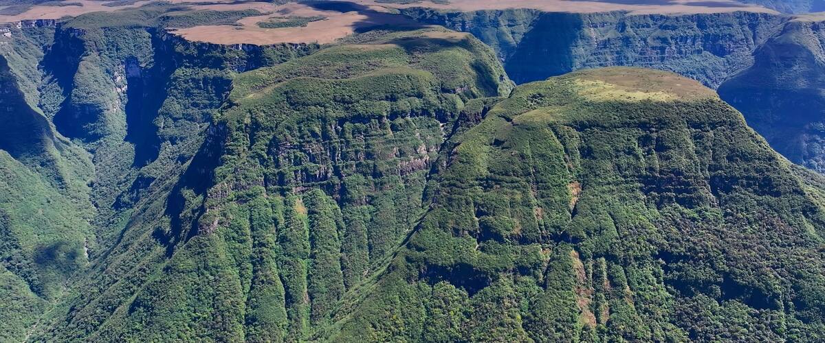 A mountainous landscape with dense forests and deep valleys.