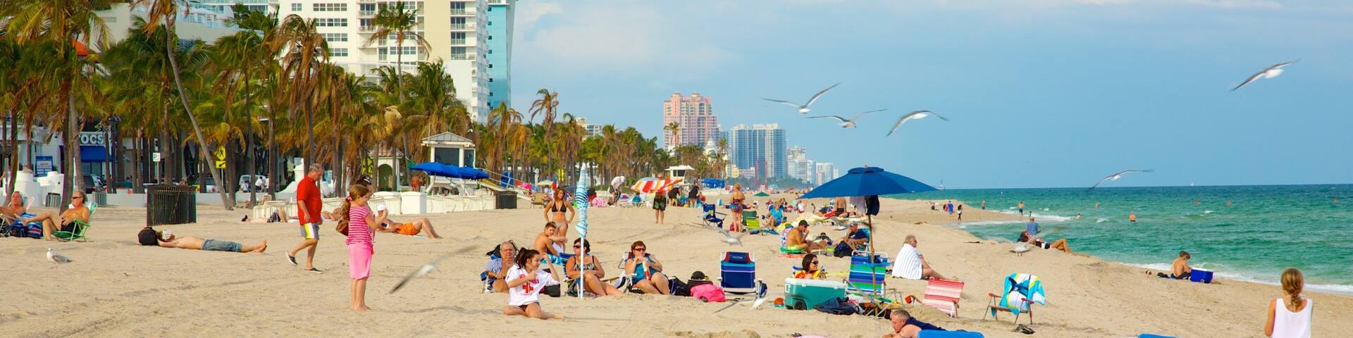 Fort Lauderdale Beach featuring a sandy beach and a luxury hotel or resort as well as a large group of people