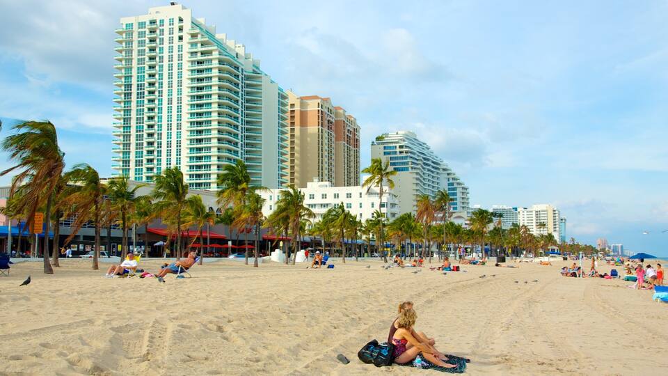 A beach with palm trees and tall buildings in the background.