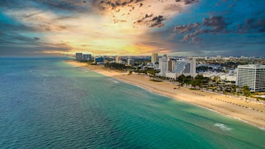 Un paisaje urbano costero con una playa, océano y edificios altos.