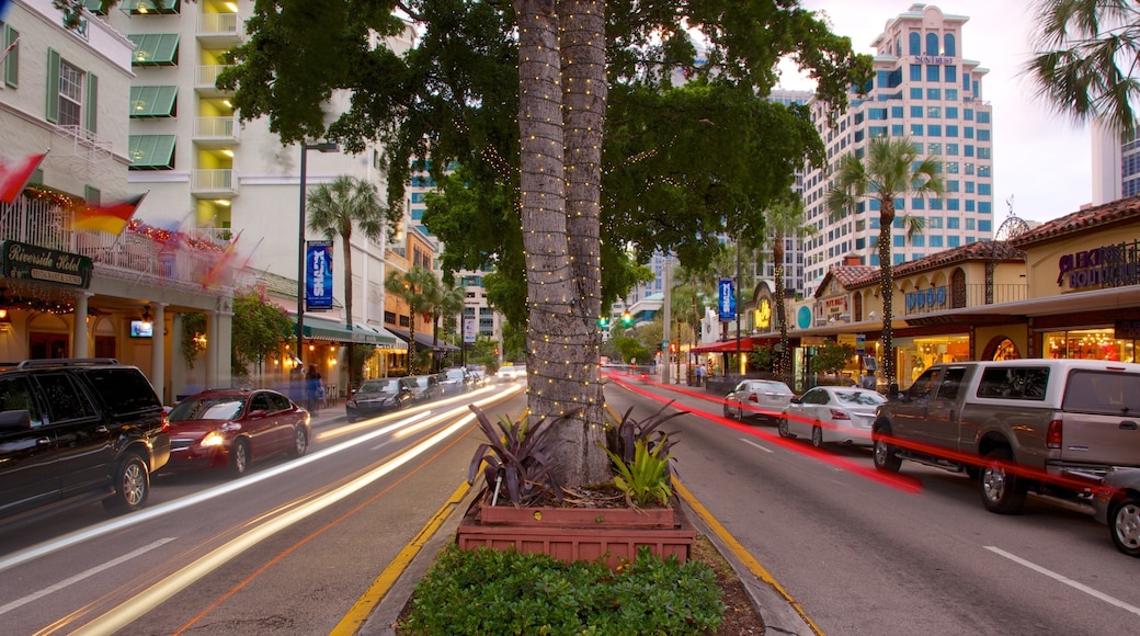 Streets of Las Olas Boulevard vibrate with energy and life during evening hours in Fort Lauderdale, Florida