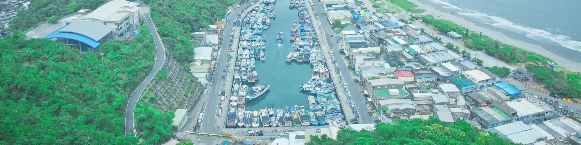 Un pueblo costero con un puerto deportivo, edificios y colinas verdes.